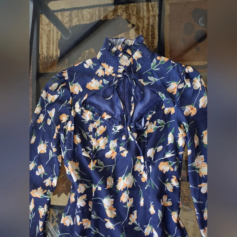 Floral Sweet heart Neck Long Sleeve Dress Collard - Picture 4 of 6